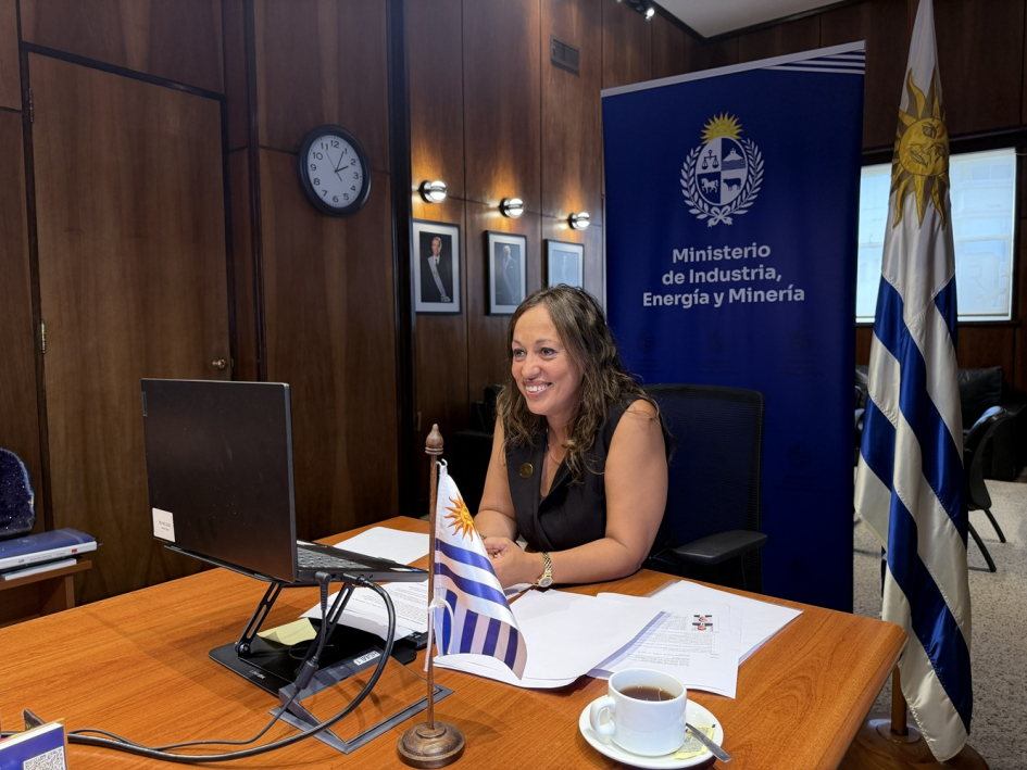 Ministra Cradona sentada en una mesa, detrás un banner del ministerio
