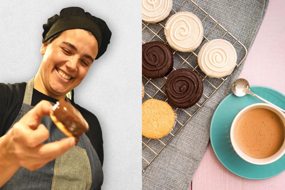 Silvia Rodríguez, de La Paz sin gluten A la izquierda Silvia sostiene un alfajor; a la derecha se ven sus productos