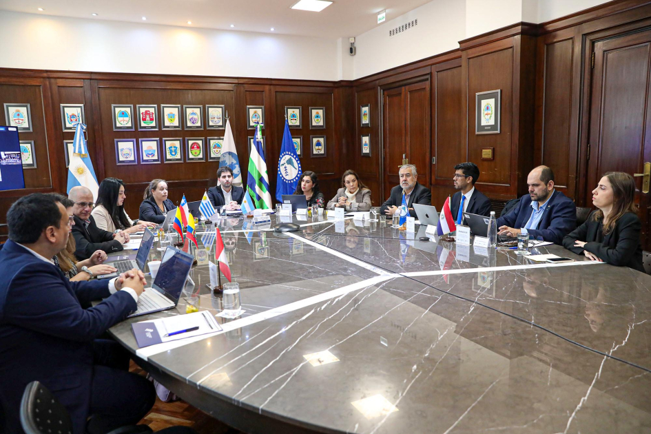 Personas sentadas alrededor de una mesa con banderas de países; al fondo, pared con cuadros
