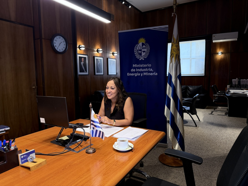 Ministra Cradona sentada en una mesa, detrás un banner del ministerio