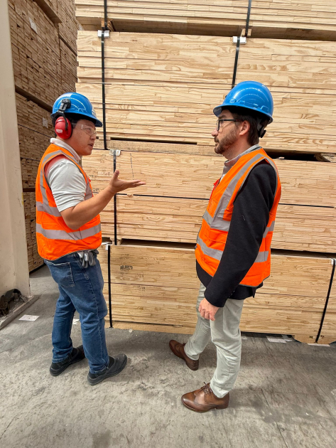 Director Míguez, junto a otras personas, en la empresa BrasPine; visten cascos y chalecos