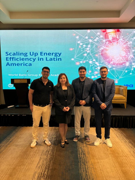 Delegación uruguaya en la Academia de Eficiencia Energética Representantes de Uruguay en la Academia de Eficiencia Energética; detrás, pantalla.