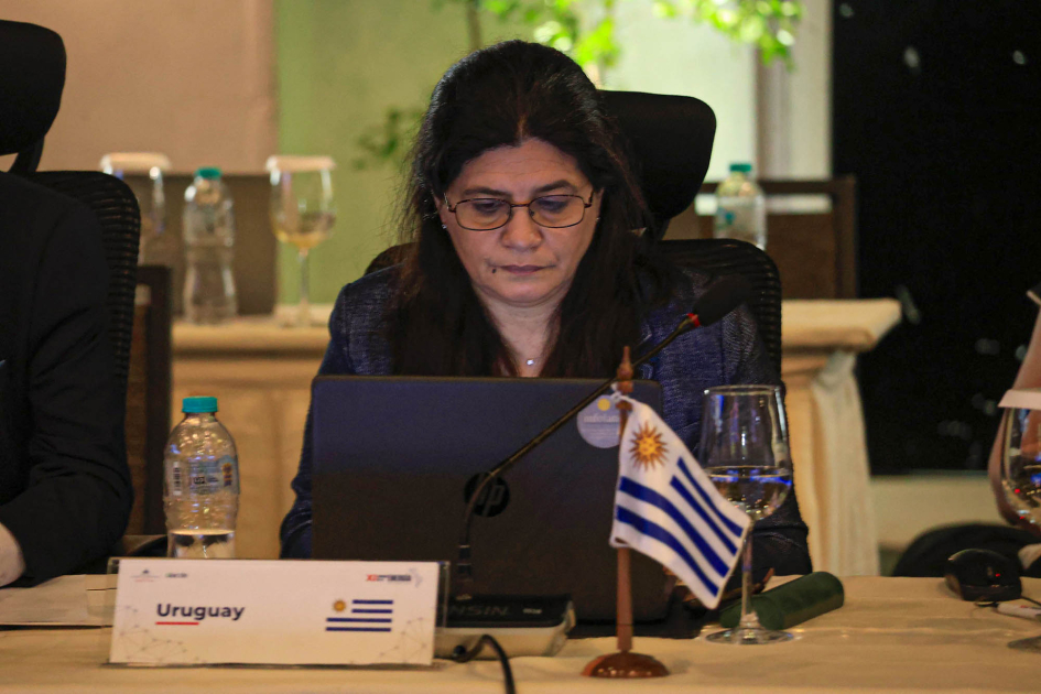Spinelli habla, en una mesa con la bandera de Uruguay
