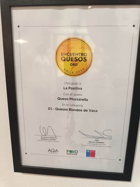 Cuadro de reconocimiento al queso muzzarella, otorgado en el Encuentro Quesos Oro Chile 2025