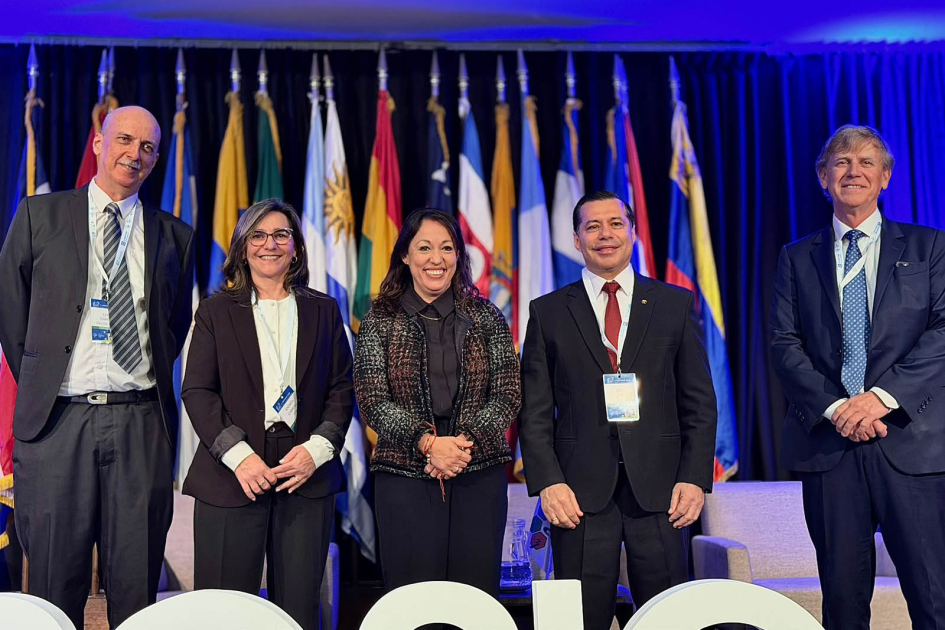García, Cabrera, Cardona, Sosa y Sruoga, de pie; detrás, banderas