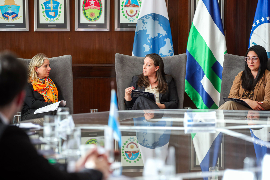 Posente habla sentada, junto a dos mujeres; al fondo, bandera; más cerca, mesa