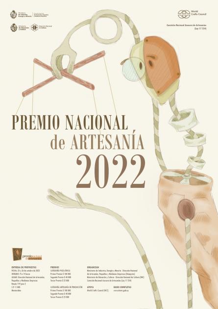 Afiche ganador del Premio Nacional de Artesanía 2022 Dibujo de marioneta y titiritero; el texto dice Premio Nacional de Artesanía 2022