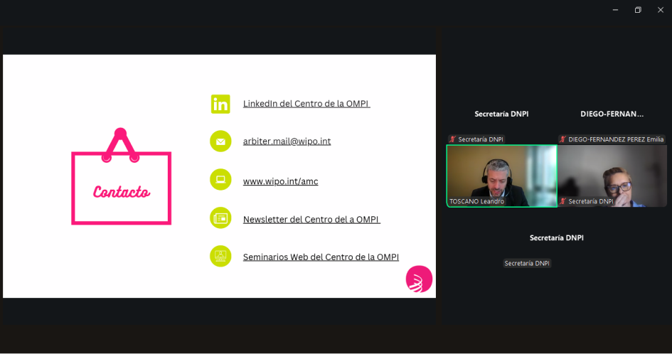 Webinar Centros de Mediación con OMPI. Foto: DNPI. Imagen de los contactos de centros de mediación en OMPI
