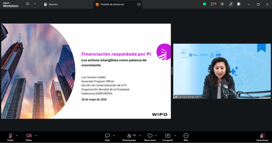 Denisse Pérez, de INAPI Una mujer habla en pantalla; al lado, imagen de su presentación