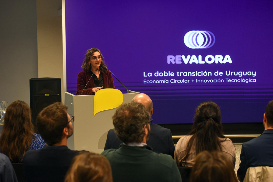 Cabrera habla desde un atril; detrás, pantalla con el logo de ReValora; al frente, el público