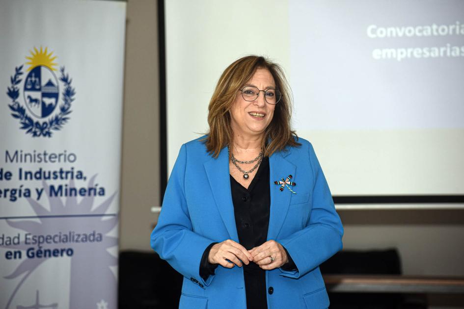 Directora de Inmujeres, Mónica Bottero Directora Bottero habla delante de un banner del MIEM y de una pantalla