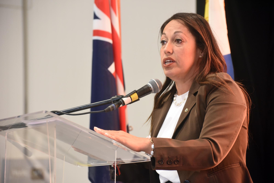 Ministra Fernanda Cardona Ministra Cardona habla desde un atril; detrás, banderas
