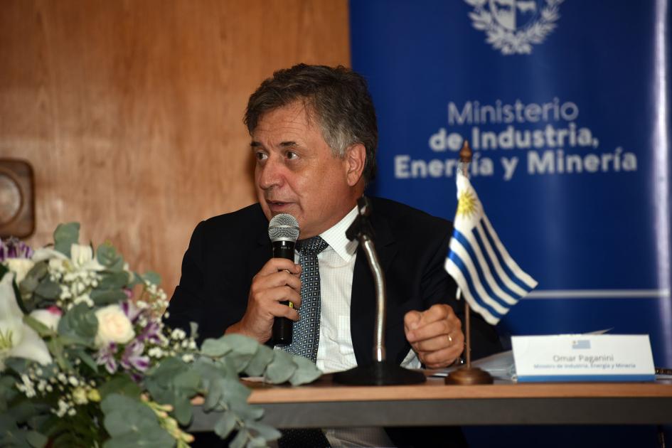 Ministro Omar Paganini; en su mesa una bandera uruguaya y, detrás, un banner azul del MIEM