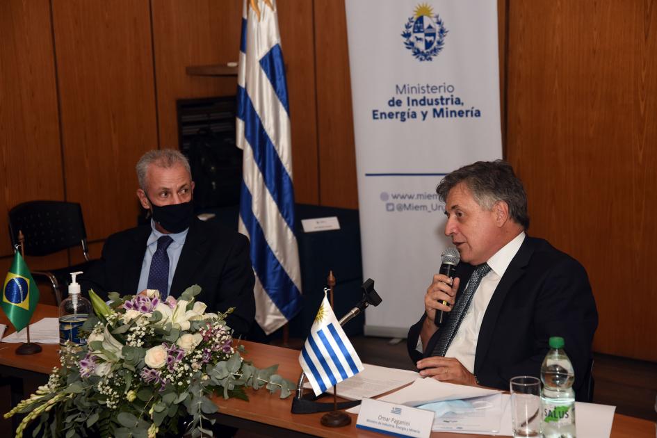 Ministro Omar Paganini habla junto a su par brasilero; detrás, bandera uruguaya y banner del MIEM