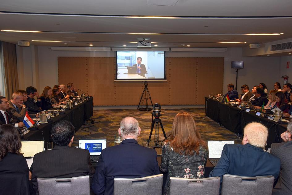 Marcelino Madrigal, representante del BID, participó de forma virtual Madrigal habla desde una pantalla; representantes escuchan en tres mesas en forma de "u"