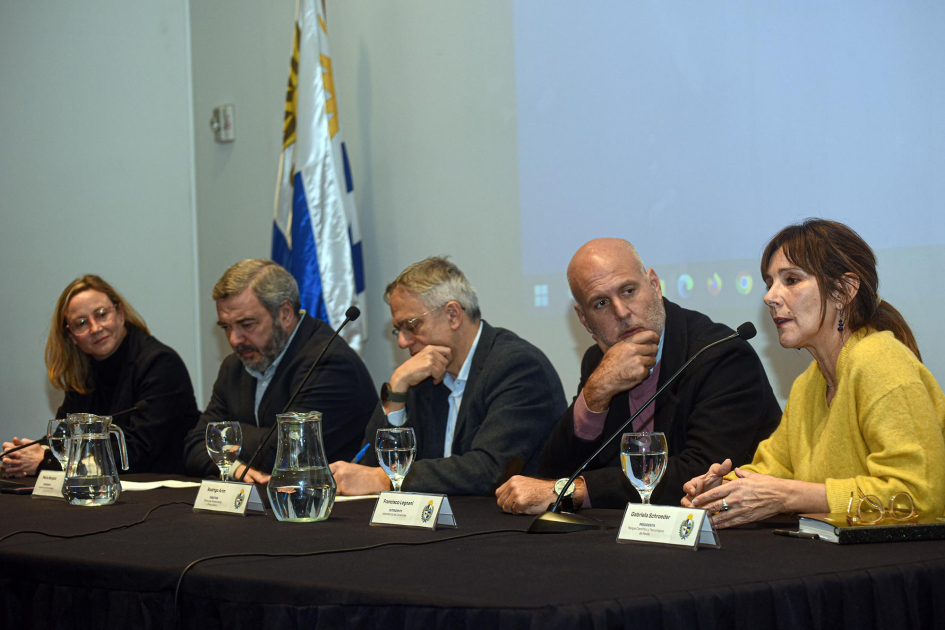 Schroeder habla en mesa de autoridades; detrás, bandera uruguaya