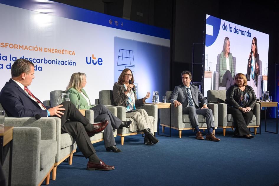 La ministra Elisa Facio expuso en el panel de apertura Panel; las autoridades están sentadas en sillones; habla la ministra Facio