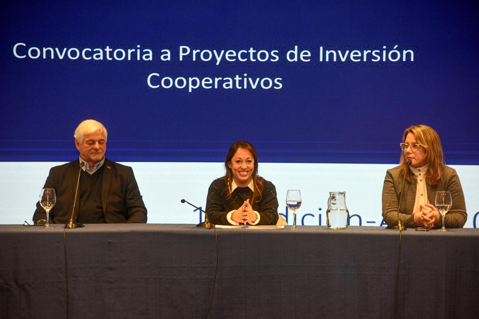 Cardona, Canessa y Carreto, sentados; detrás, pantalla con el nombre de la convocatoria