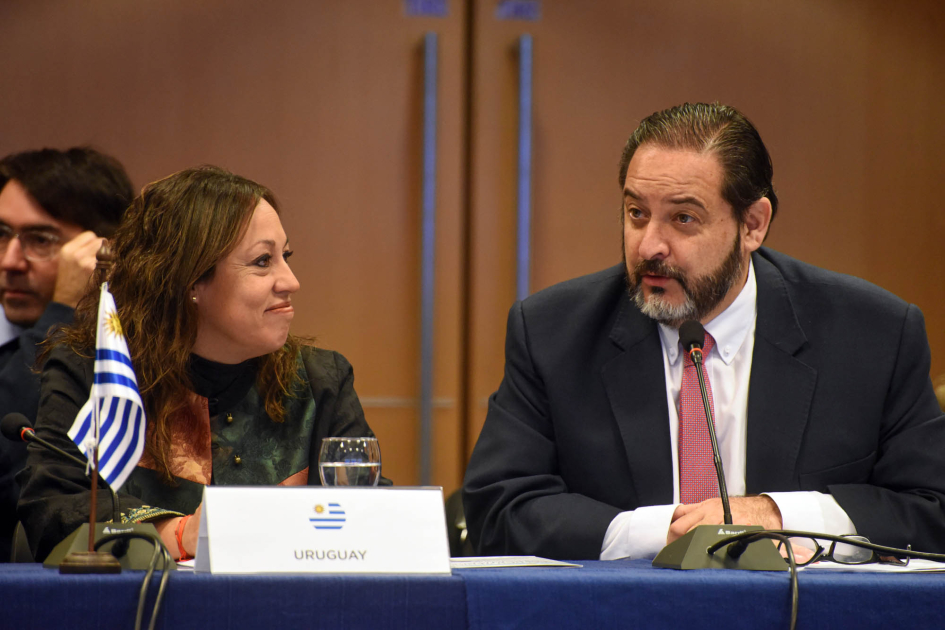 Andrés Rebolledo, secretario ejecutivo de OLACDE, junto a la ministra Fernanda Cardona Rebolledo habla junto a Cardona; en la mesa, bandera de Uruguay