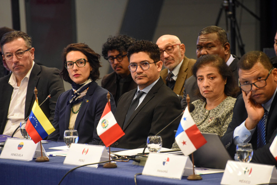 VIII Reunión Ministerial de Energía Personas, sentadas en mesas con banderas; detrás, otro grupo