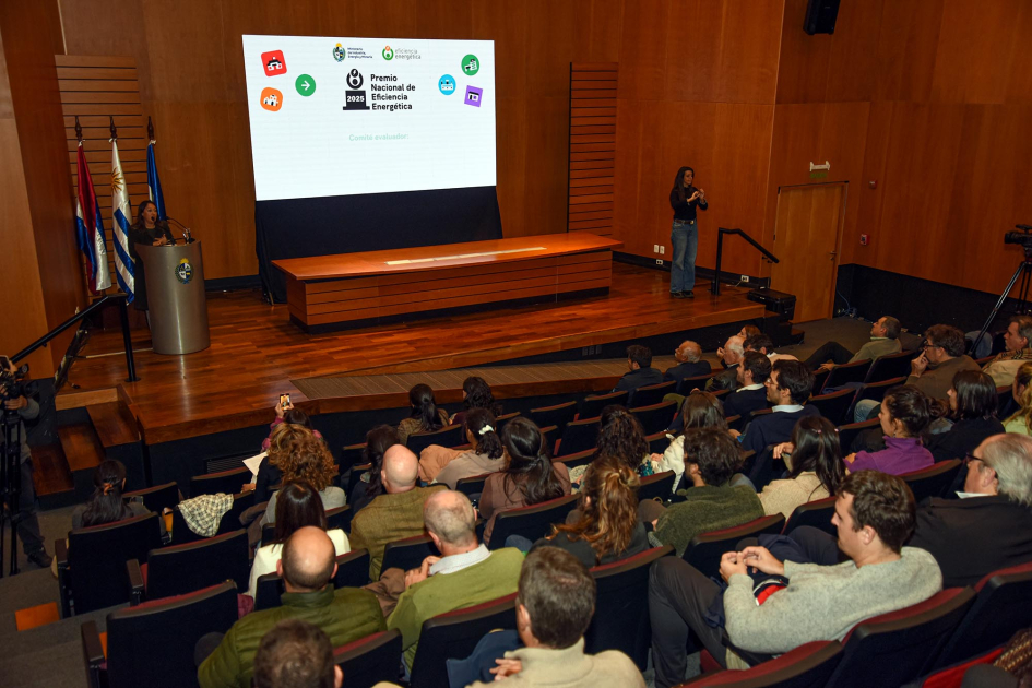 Público en el lanzamiento del Premio Nacional de Eficiencia Energética Público de espalda. En el estrado se ve pantalla y en los extremos la ministra e intérprete de señas