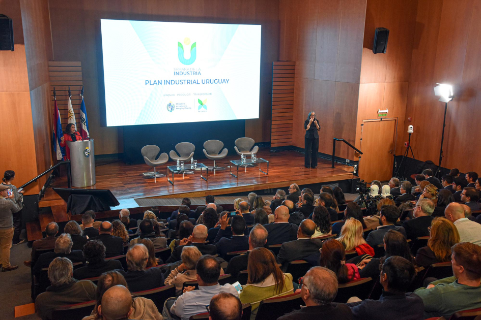 Al fondo, escenario y ministra en atril, junto a pantalla; más cerca, público, de espaldas