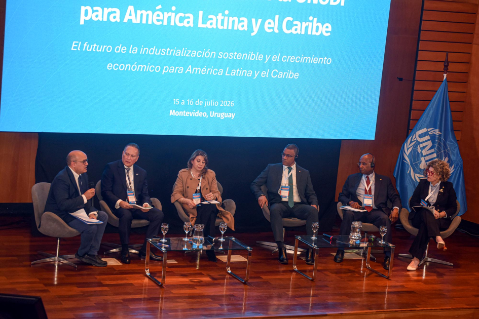 Primer panel de la conferencia, realizado luego de la sesión inaugural Integrantes del panel, sentados