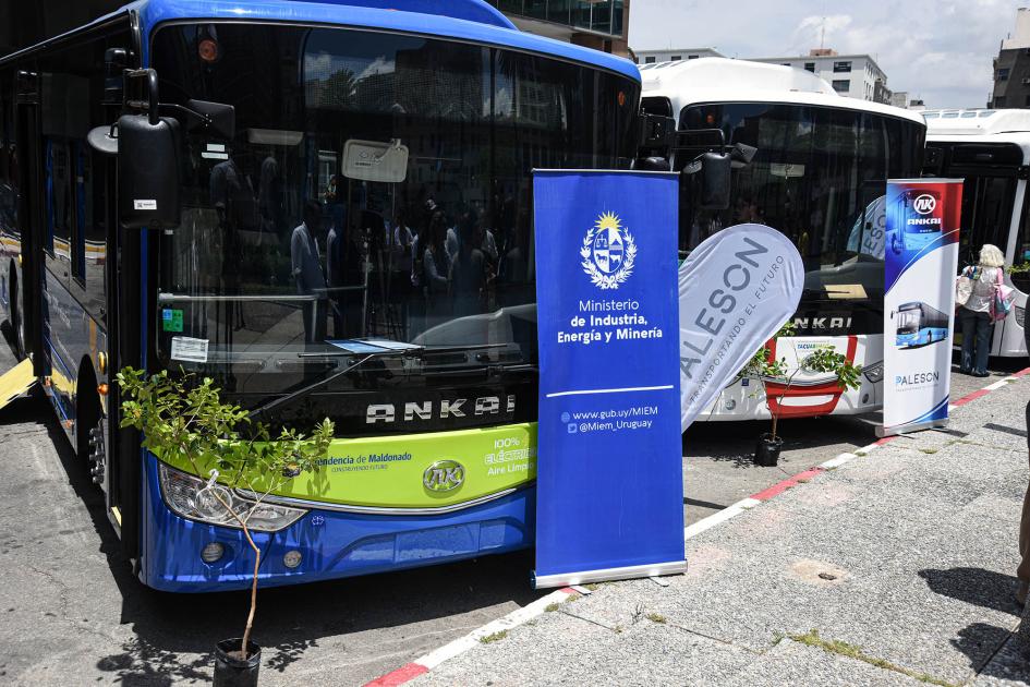 Dos ómnibus; frente a ellos, el banner del MIEM y el de Paleson-Ankai