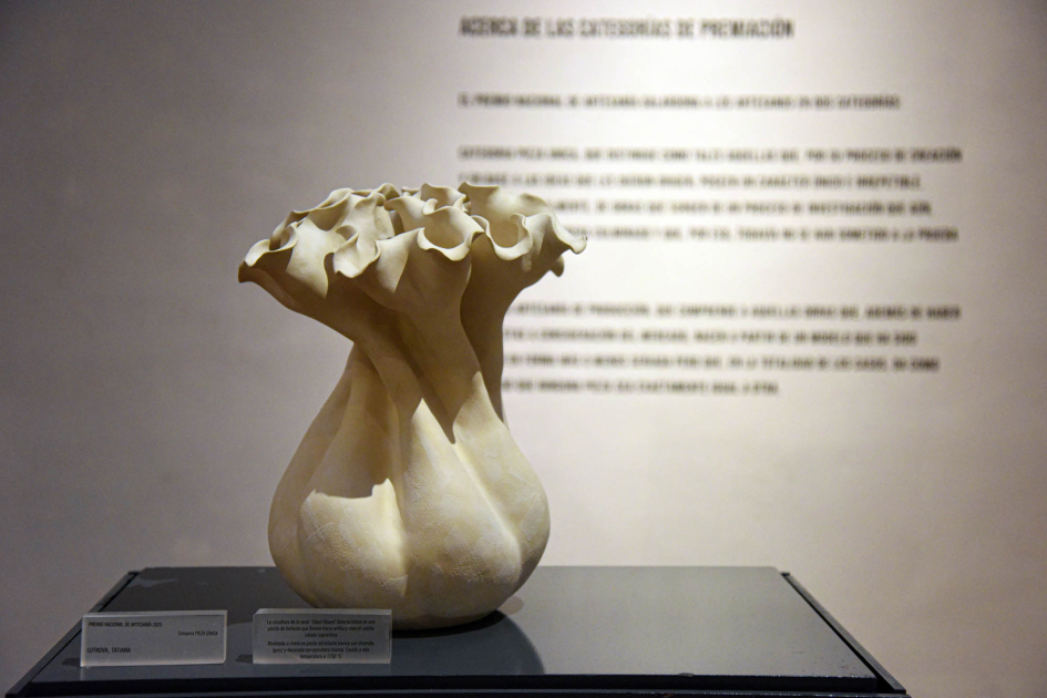 Exhibición del Premio Nacional de Artesanía 2025 PIeza; detrás, pared con texto