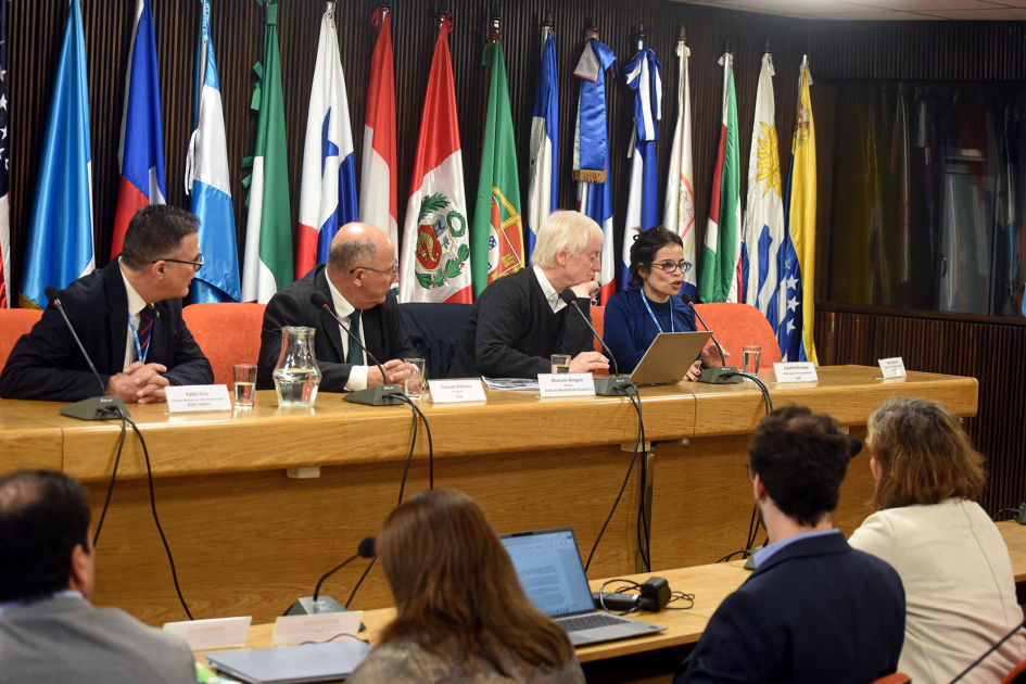 Caroline Brandao, representante de la Oficina Regional para las Américas de la UIT Brandao habla en la mesa de autoridades; detrás, banderas