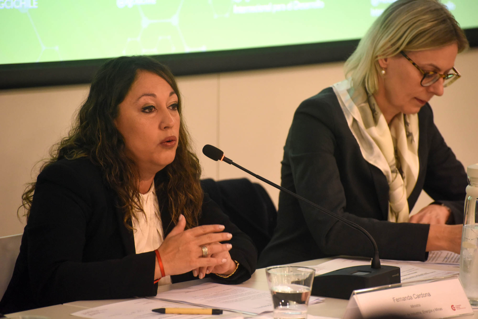 Ministra Fernanda Cardona Ministra Cardona habla, sentada, junto a otra expositora