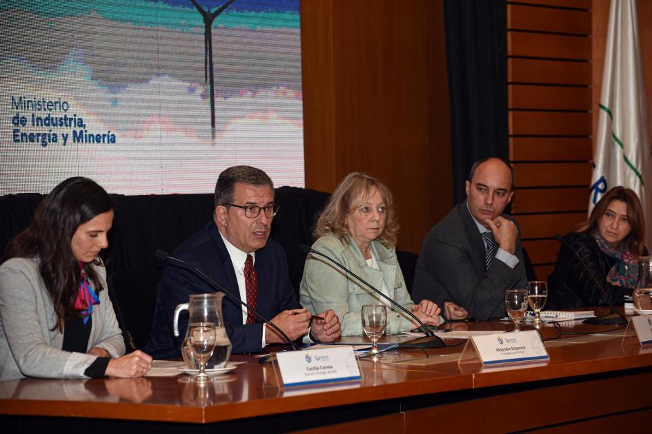 Se realizó una mesa de intercambio sobre la temática Mesa redonda sobre la temática; hay cinco personas. Detrás, una pantalla, y al lado una bandera