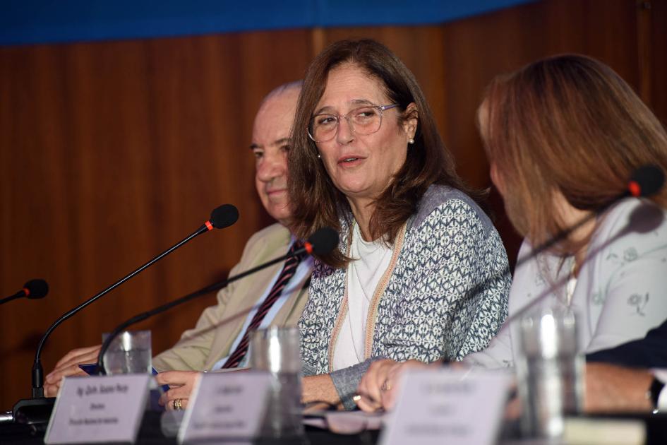 La ministra Elisa Facio destacó la importancia del Fondo Industrial Ministra Facio habla con un micrófono, sentada en la mesa de autoridades