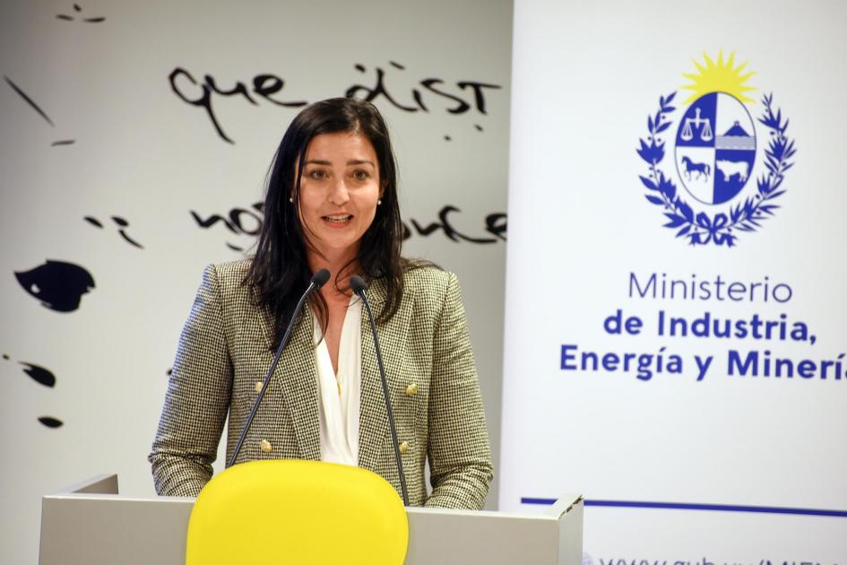 Encargada de Relaciones Internacionales del MIEM, Celeste Elhordoy Encargada de RR. II. del MIEM, Celeste Elhordoy, habla desde un atril; a su lado, banner del MIEM