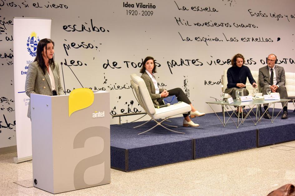 Panel de expertos y maestra de ceremonias En un atril, encargada de RR. II. del MIEM; sentados en sillones, los tres expertos disertantes