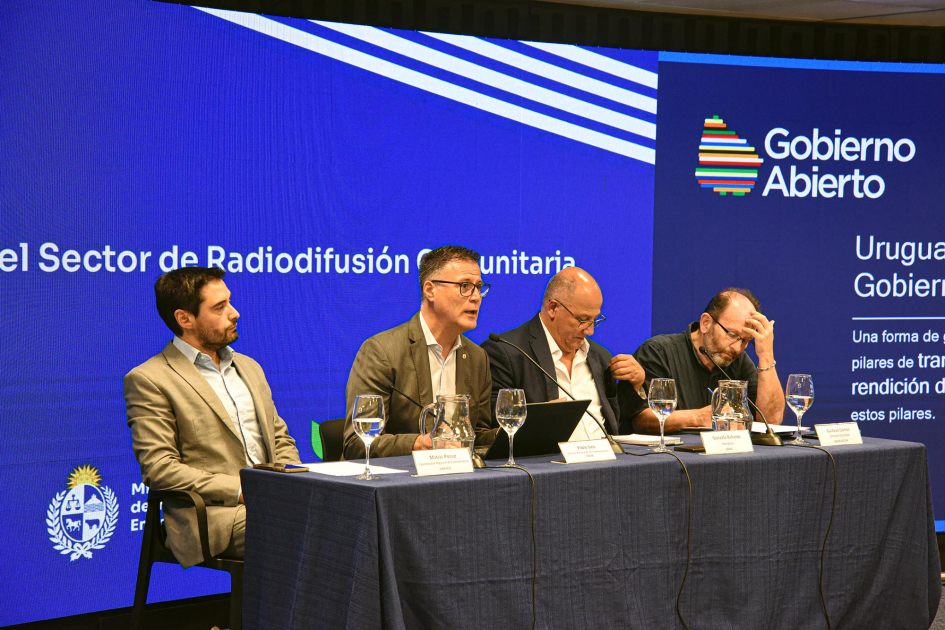 Matías Ponce, Pablo Siris, Gonzalo Balseiro, Gustavo Gómez. Detrás, pantalla azul con texto.