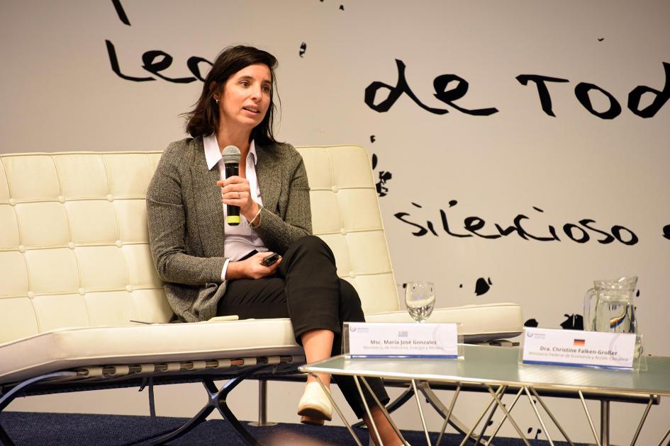 Habla la asesora en energía y ambiente del MIEM, María José González, sentada en un sillón blanco 