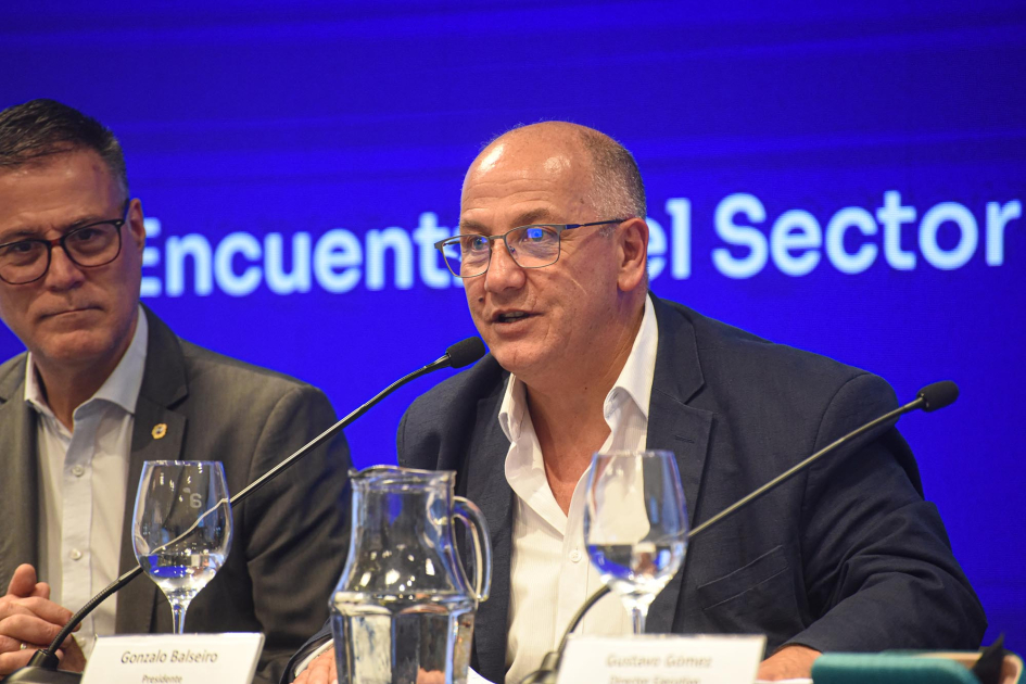 Pablo Siris y Gonzalo Balseiro. Detrás, pantalla azul con texto.