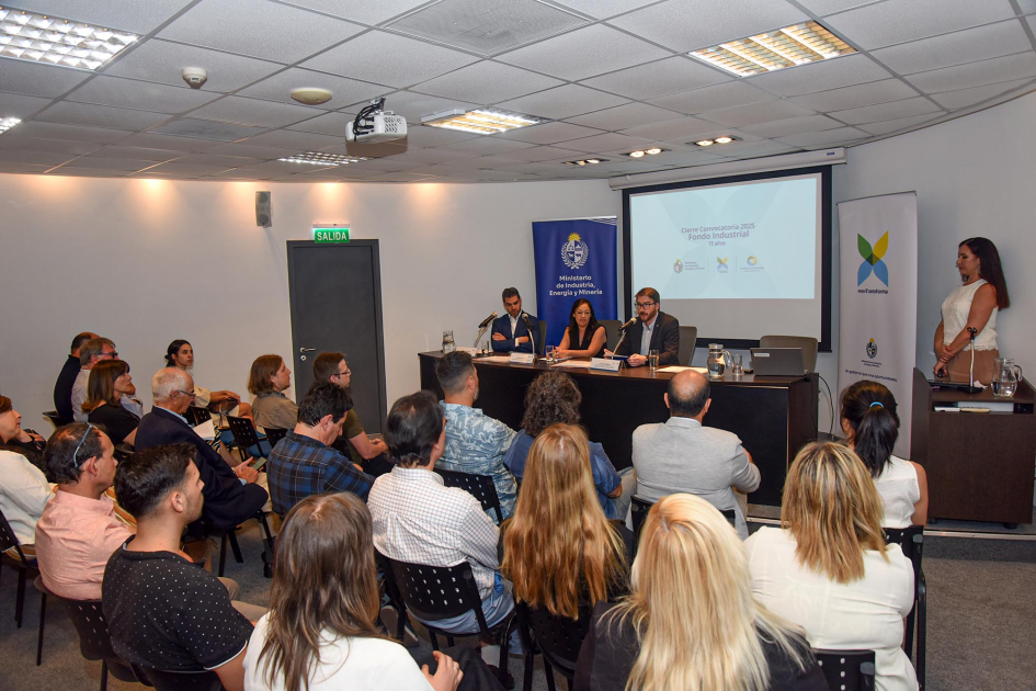Púbico sentado y autoridades en mesa. Al fondo, banners institucionales del MIEM y pantalla