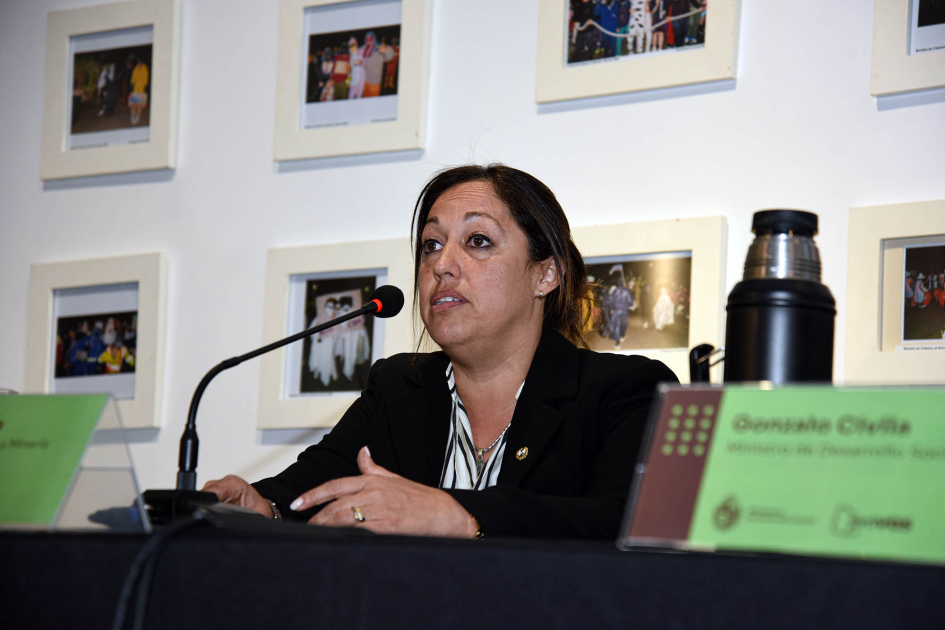Ministra Fernanda Cardona Ministra Cardona habla, sentada; detrás, cuadros
