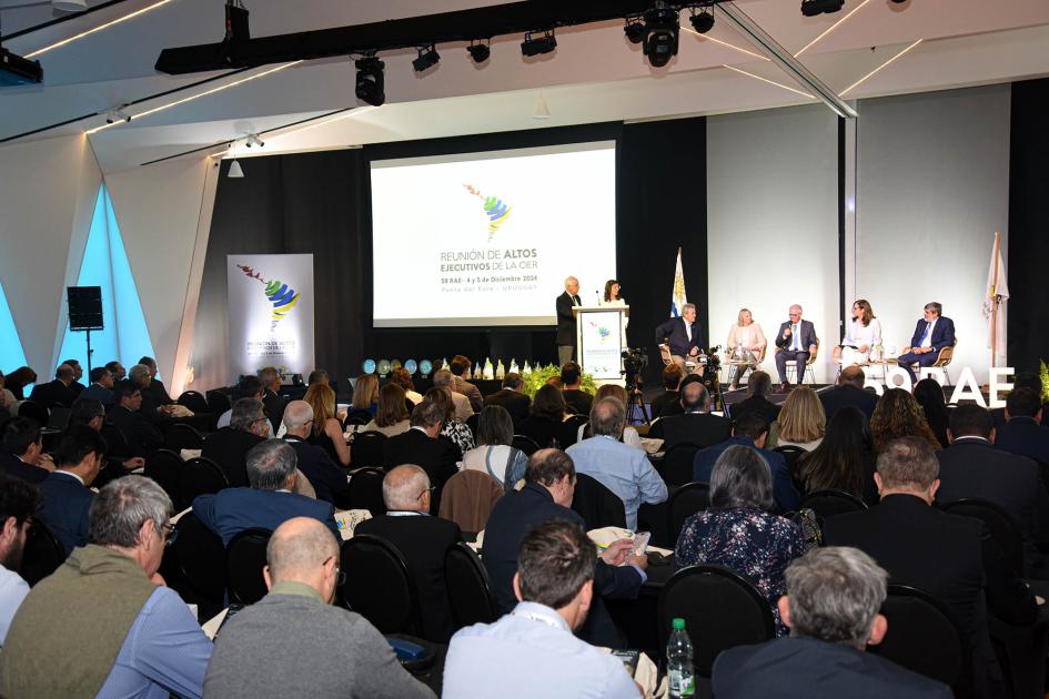 El encuentro se desarrolla en Punta del Este el 4 y el 5 de diciembre Al fondo, escenario principal, con pantalla y panelistas; más cerca, público, de espaldas