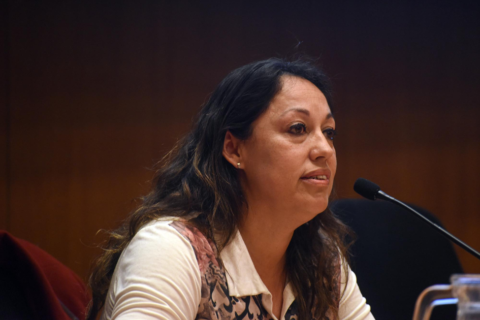Ministra Fernanda Cardona Cardona habla con un micrófono