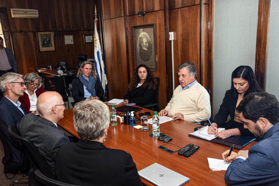 Reunión entre el ministro Paganini, su equipo y delegación alemana, alrededor de una mesa de madera