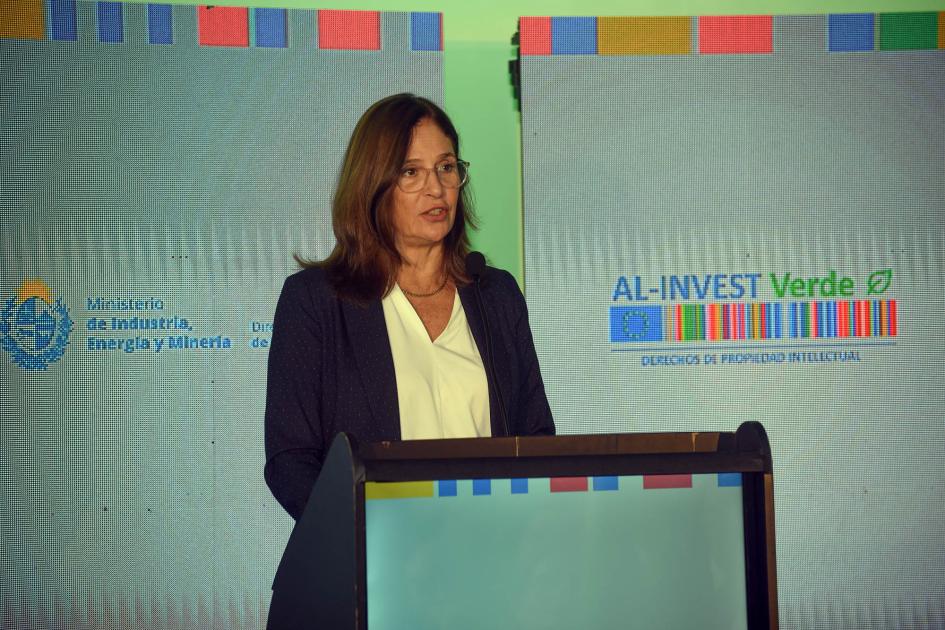 Ministra Facio habla desde un atril; detrás, banners del MIEM y AL-Invest Verde