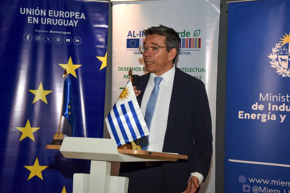 Riccheri habla con un micrófono en atril con banderas de Uruguay y la UE; detrás, banners
