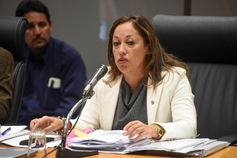 Ministra Cardona habla a micrófono, sentada. Sobre el escritorio hay varios papeles.