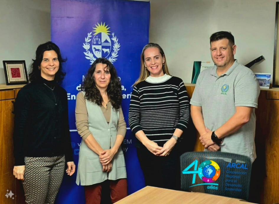 Reunión con Alejandra Reyes, gerenta de Planificación, Estadística y Balance de MIEM-DNE. Grupo de personas ubicadas para la toma de una foto, de pie; detrás, banner del MIEM