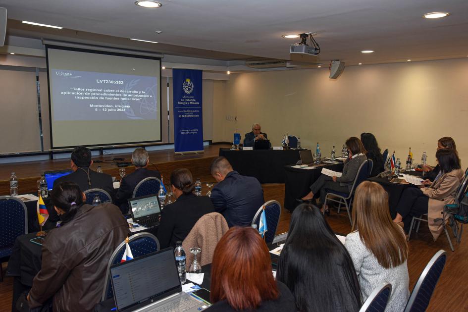 Participantes y expertos participaron del taller regional Sala del evento con participantes sentados; al fondo, una pantalla