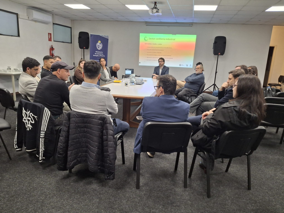 Participantes en reunión plenaria subsector confitería Personas sentadas en círculo alrededor de mesa; al frente, una pantalla