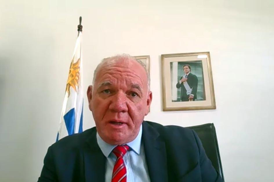 Verri habla a la cámara; detrás, la bandera uruguaya y la foto del presidente Lacalle Pou